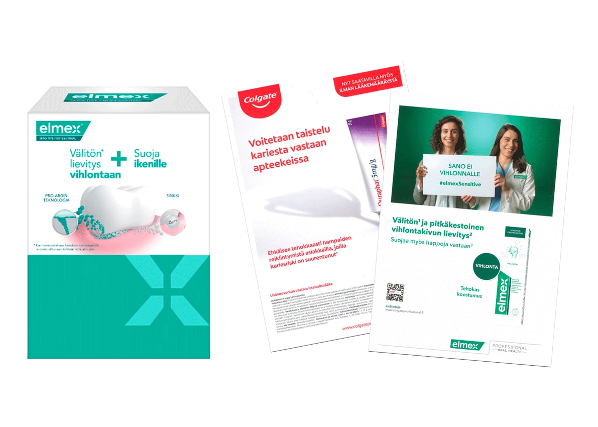 Elmex- ja Colgate-näytteet, joita voi tilata klinikoille