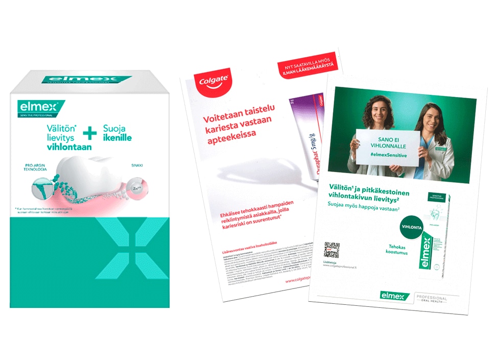 Elmex- ja Colgate-näytteet, joita voi tilata klinikoille