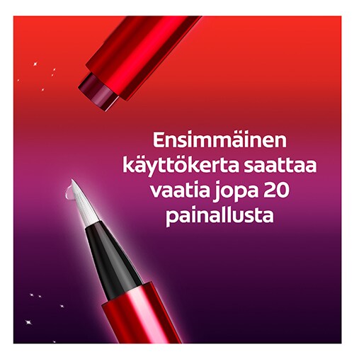 Ensimmäinen käyttökerta saattaa vaatia jopa 20 painallusta kynän päästä Ensimmäinen käyttökerta saattaa vaatia jopa 20 painallusta kynän päästä